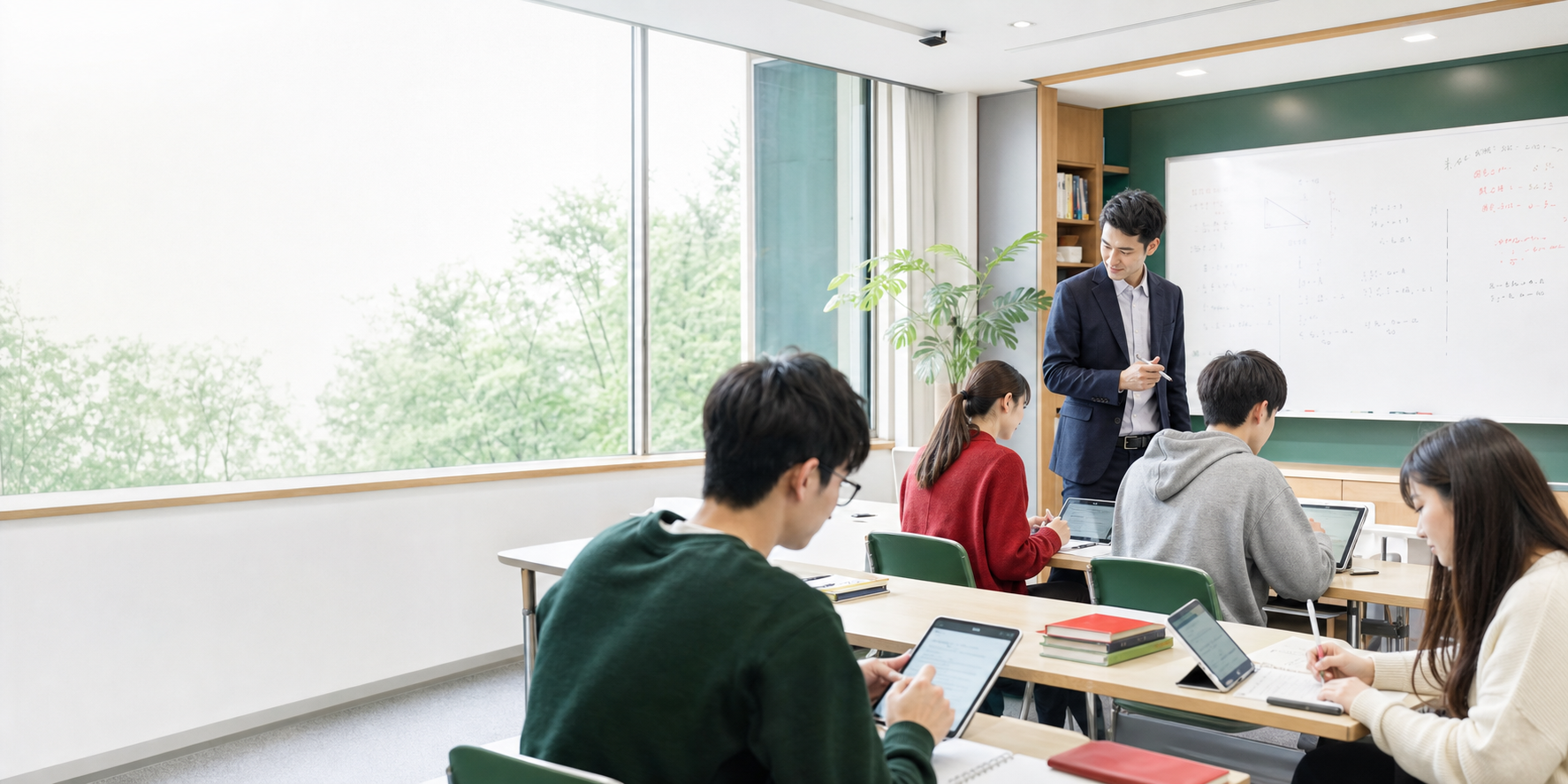 EJU培训教室里，学生正在听老师讲解课程
